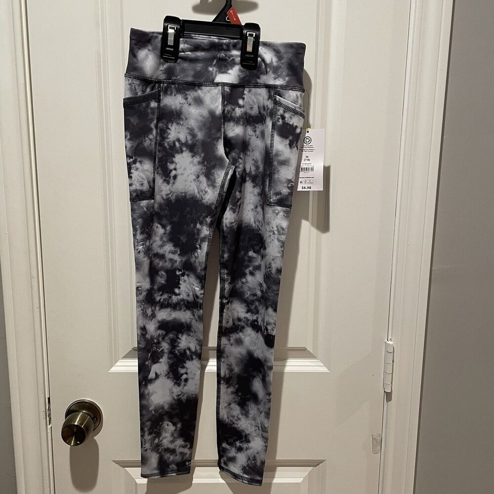 Athletic Works Girls Tie Dye Leggings Size Medium 7/8 Gray White w/Pockets NEW